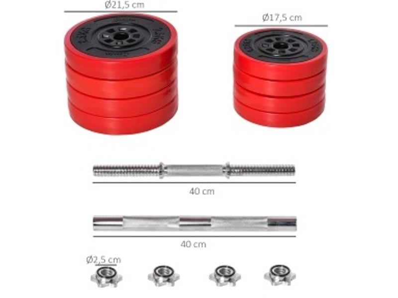 Set d'haltères 2-en-1 réglable 20 kg rouge et noir, avec barres courtes et barre longue pour entraînement à domicile - Conforama C