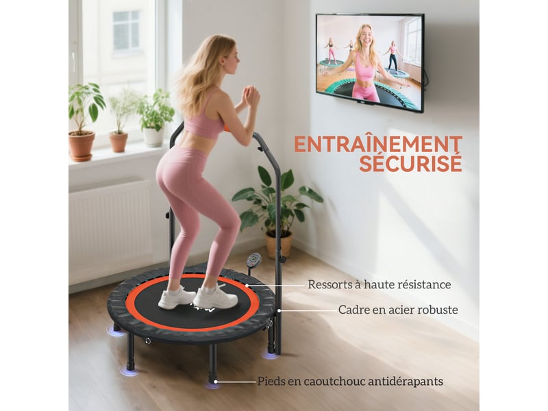  Trampoline de fitness gymnastique avec poignée réglable, pliable, 6 pieds, 28 ressorts ø 102 cm, noir rouge  - Conforama R