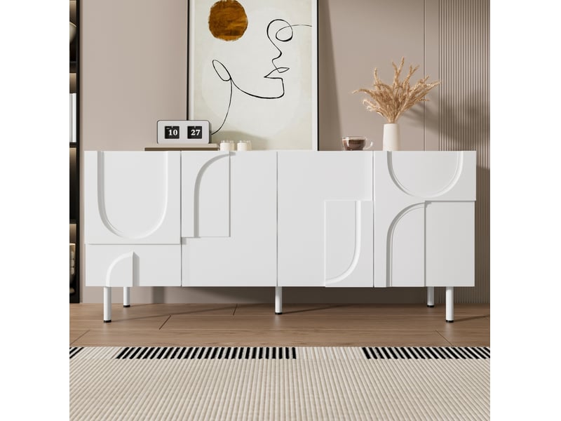  Buffet de salle à manger 160x38,5x70 cm, design géométrique, rangements, mdf et panneau de particules, blanc, salon  - Conforama D