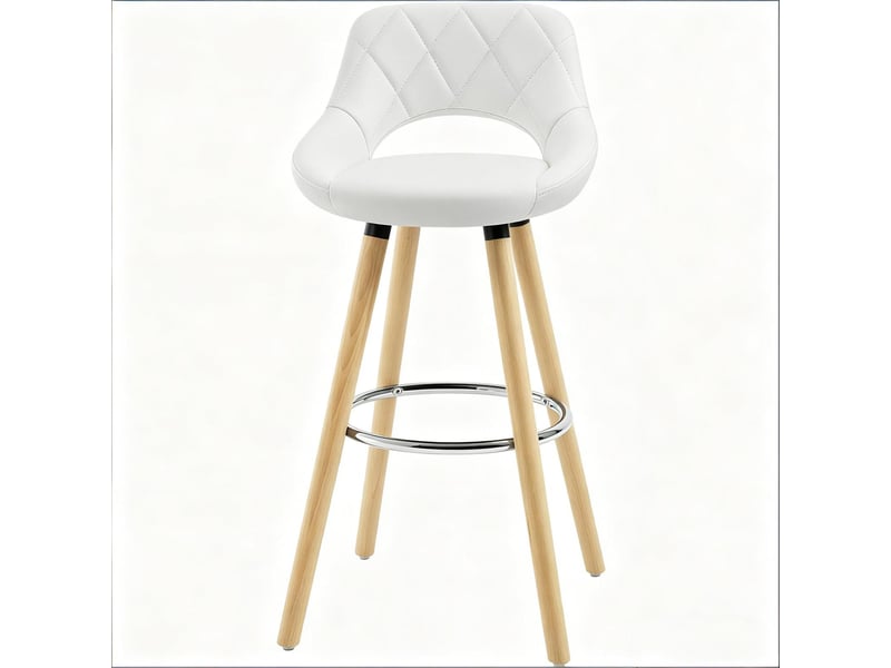 Tabouret de bar ergonomique 43x40x96cm - assise rembourrée en tissu effet cuir - pieds en bois massif avec repose-pieds - blanc - Conforama A