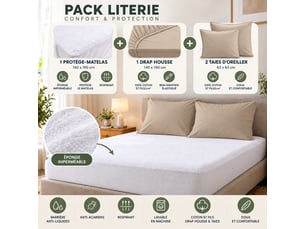Pack literie protège matelas 140x190 imperméable + drap housse + 2 taies sable
