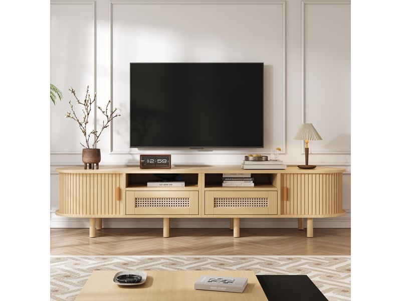  Meuble tv bas ovale 170 x 40 x 40 cm, 2 tiroirs effet rotin, 2 portes coulissantes, tv jusqu'à 70 pouces, mdf effet bois clair Radiant Stride - Conforama B