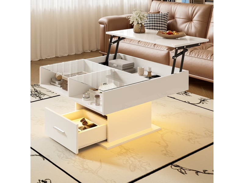  Table basse relevable avec 1 tiroir et 1 niche ouverte et led, hauteur réglable, en panneau de particules, blanc - uvrion  - Conforama B