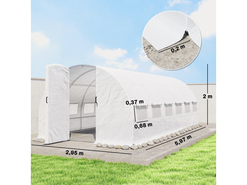  Serre tunnel de jardin 18m², serre de jardin tunnel avec porte et 12 fenêtres avec moustiquaires, 295x597x200cm, blanc  - Conforama E