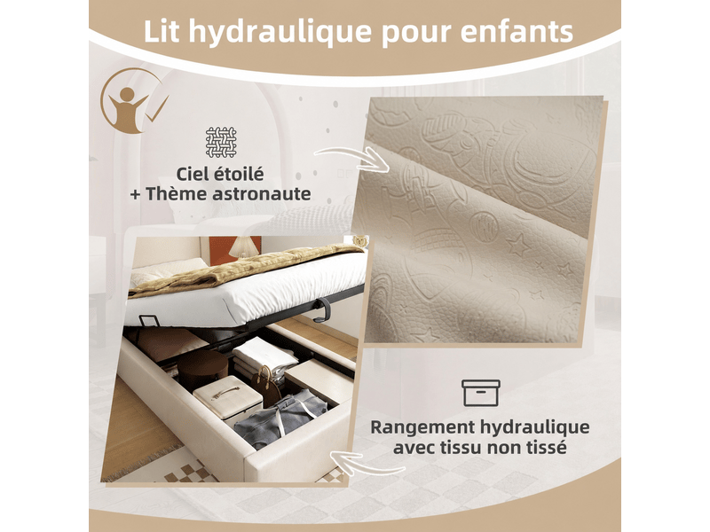  Lit coffre 90x200 cm, lit enfant avec tête de lit rembourré, en pu beige, sans matelas  - Conforama E