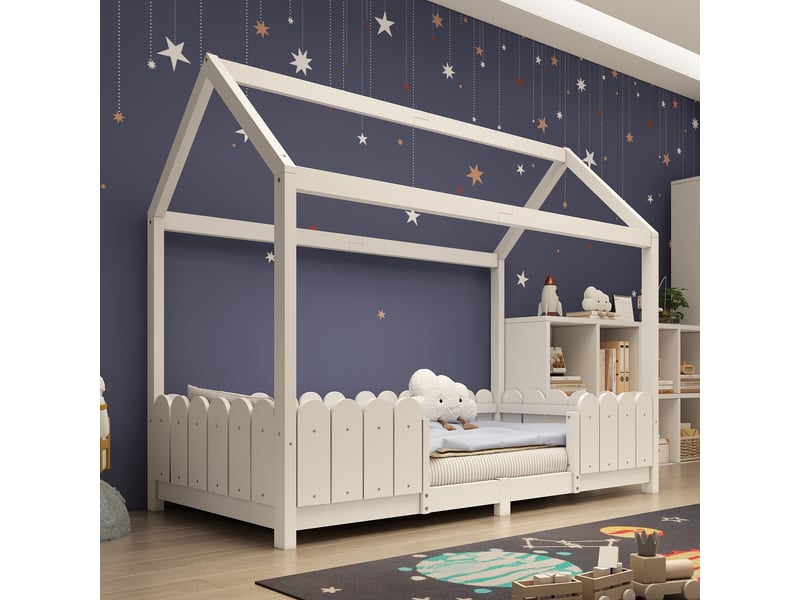  Lit enfant 90x200 cm - lit cabane sécurisé avec clôtures et sommier, sans matelas, blanc  - Conforama C