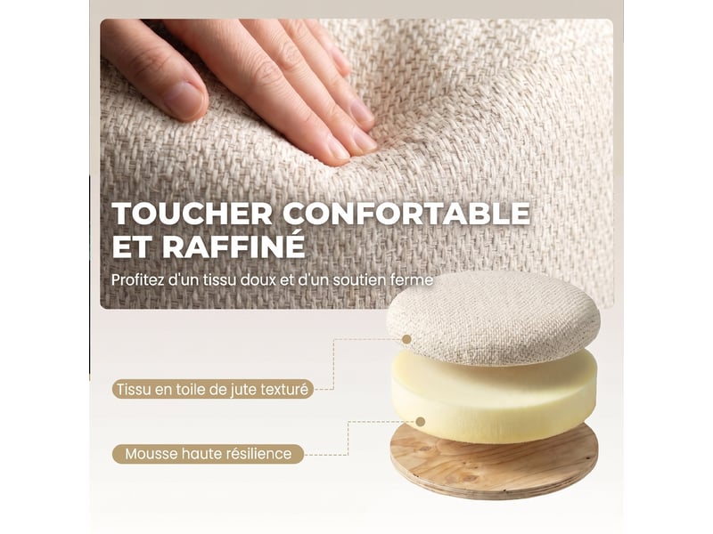  Pouf coffre de rangement rond en toile de jute, repose-pieds avec couvercle, beige, pieds bois hévéa  - Conforama R