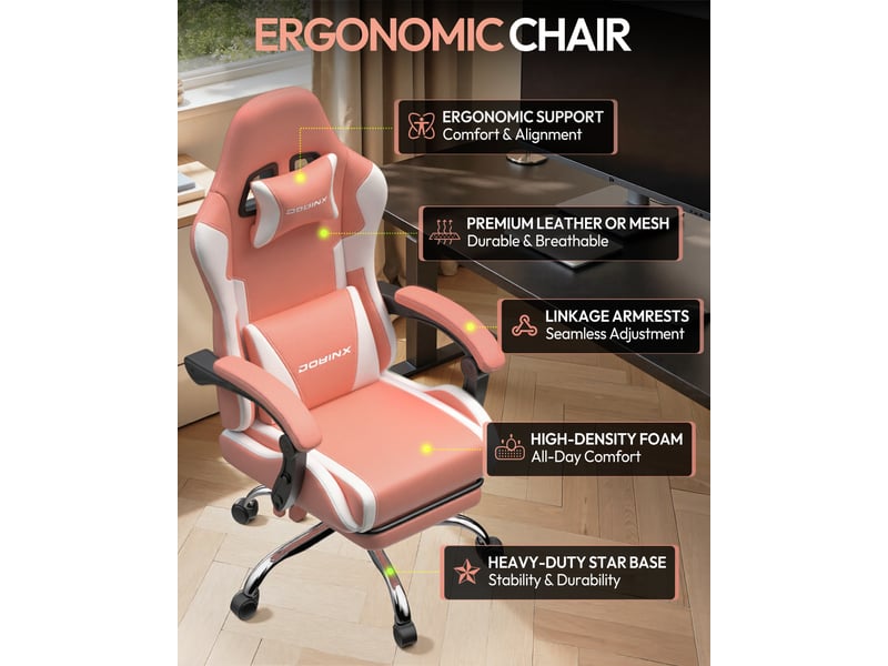  Fauteuil de bureau et gaming ergonomique – similicuir pu – dossier réglable – accoudoirs – repose-pieds – rose  - Conforama B