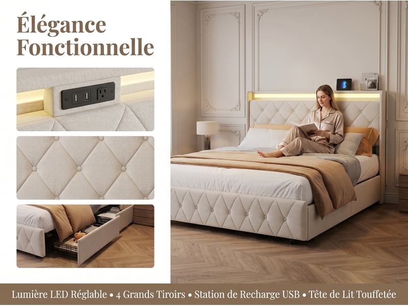  Lit 2 places 140x200 cm - avec éclairage led - tête de lit avec étagère - similicuir pu beige - sommier à lattes inclus  - Conforama E