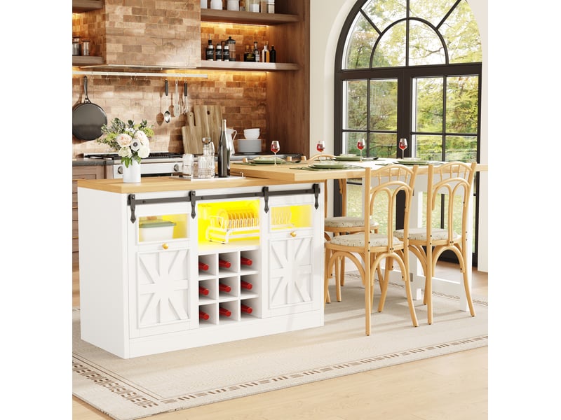  Buffet avec table à manger extensible et plateaux pivotants à 360°, mdf blanc  - Conforama D