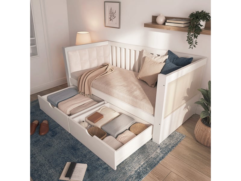  Lit banquette 90x200 cm en bois, lit simple avec 2 tiroirs de rangement, accoudoirs arrondis, dossier confortable, sans matelas - blanc  - Conforama D