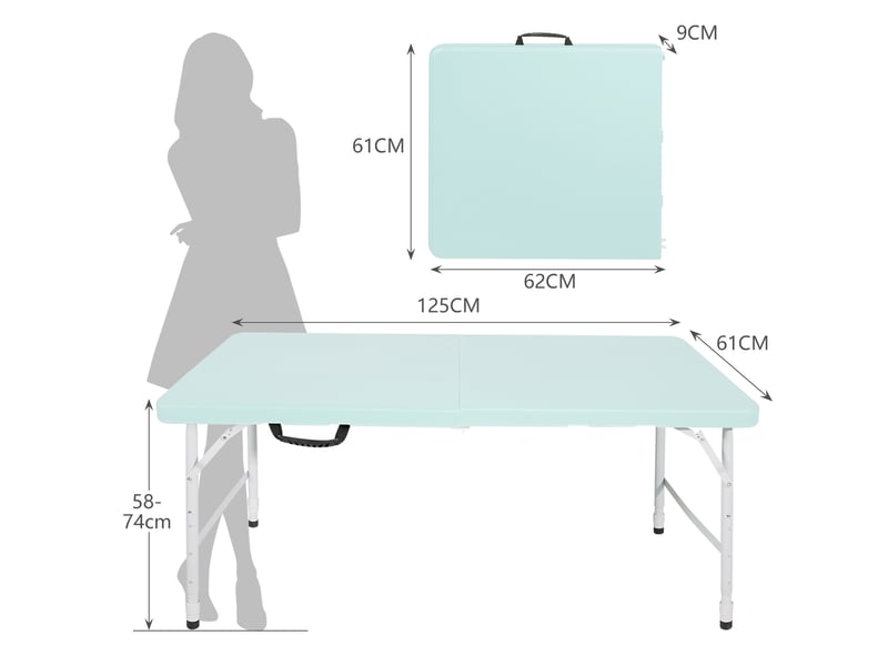  Table de jardin pliante bleue 125 x 61 cm, hauteur réglable 58 à 74 cm, avec poignée, charge 135 kg  - Conforama C
