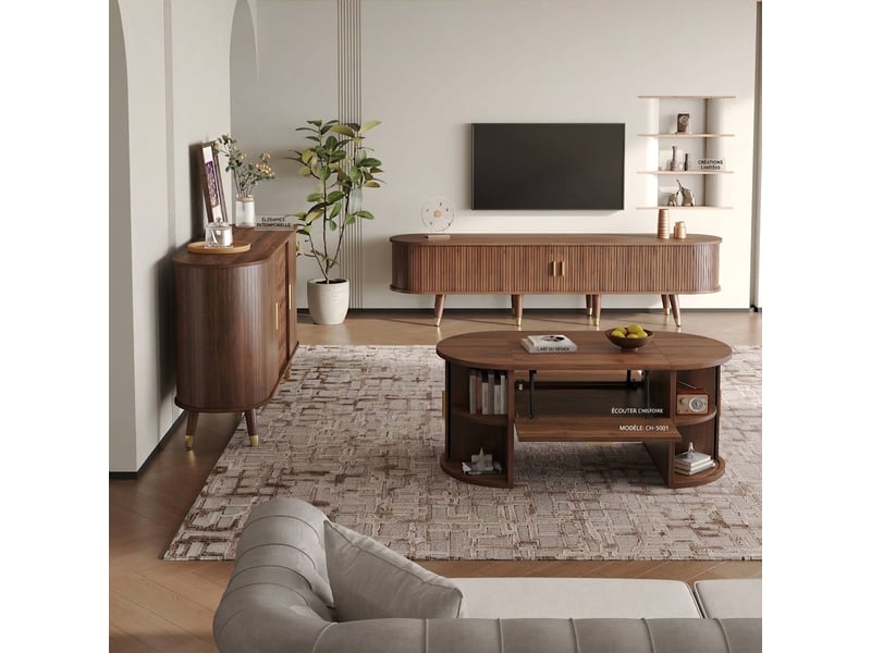  Ensemble meuble salon 3 pièces noyer, style mid-century, avec meuble tv à portes coulissantes et table basse relevable  - Conforama E