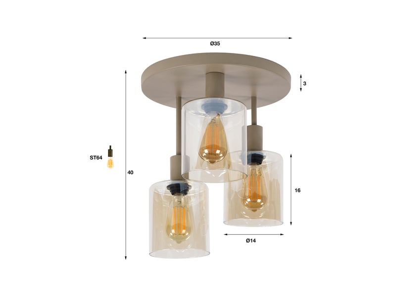  Plafonnier cylindre 3 lampes 35x40 cm en verre ambré et beige - greta  - Conforama D