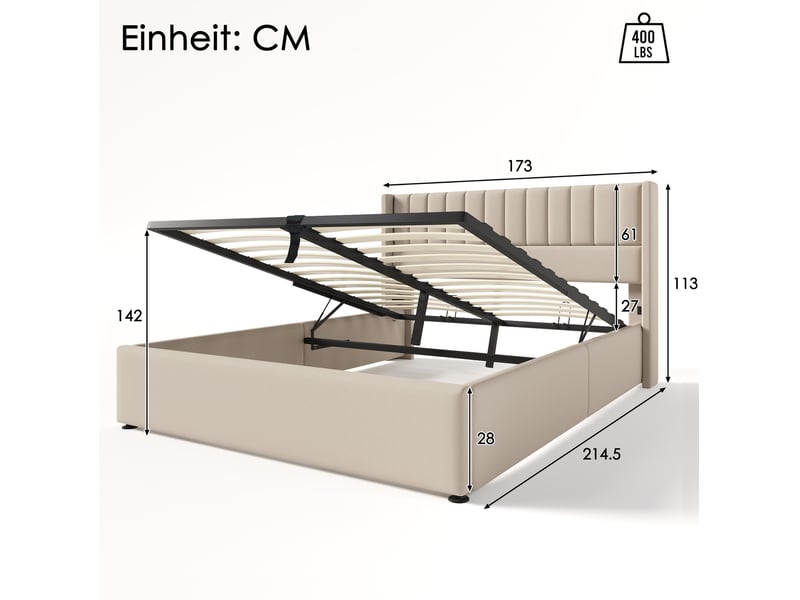  Lit coffre adulte 160x200 cm – beige – sommier relevable hydraulique, tête de lit rembourrée en lin confortable  - Conforama C