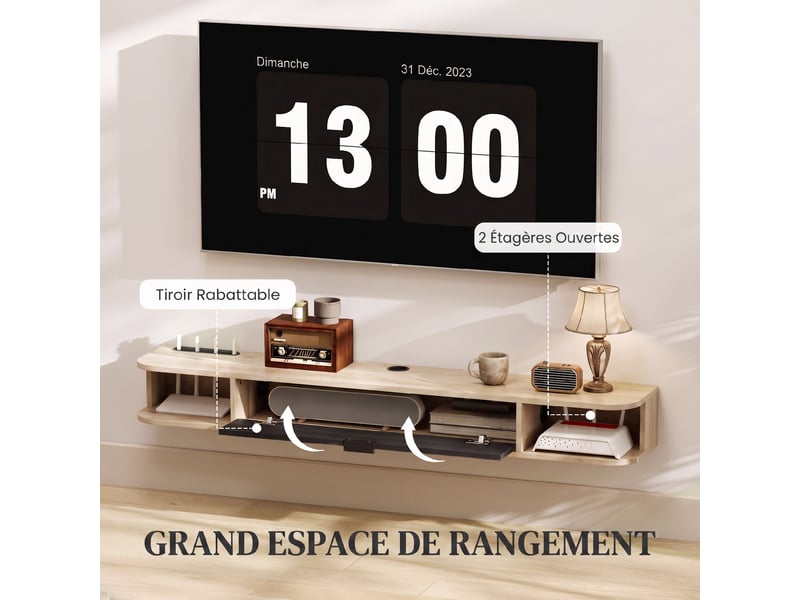  Meuble tv suspendu, meuble télé pour téléviseur jusqu'à 60 pouces, tiroir rabattable 2 étagères bois naturel 140x24x16cm  - Conforama E
