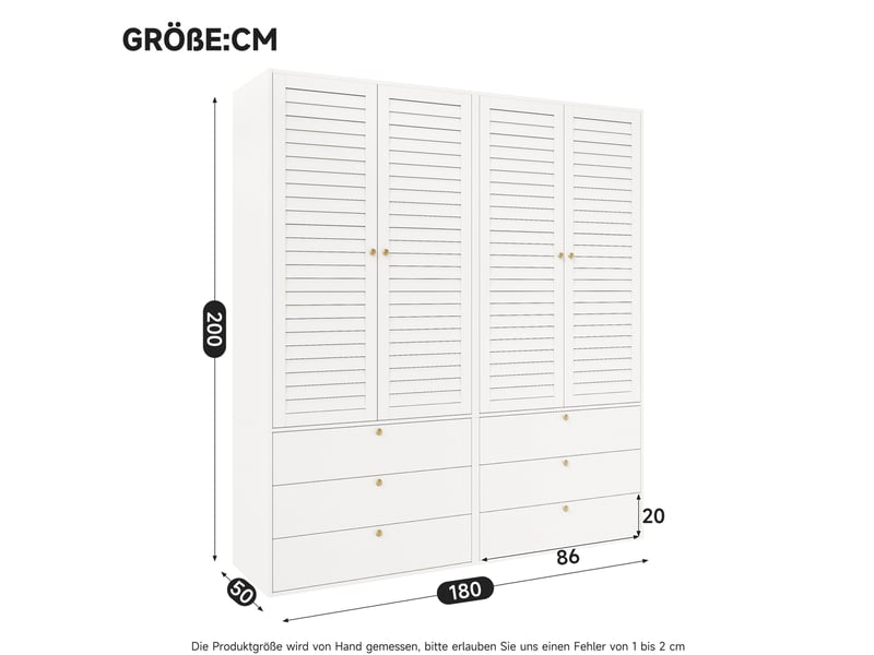  Armoire penderie 180 x 50 x 200 cm blanche en panneaux de particules, 4 portes, 6 tiroirs et 2 tringles  - Conforama C