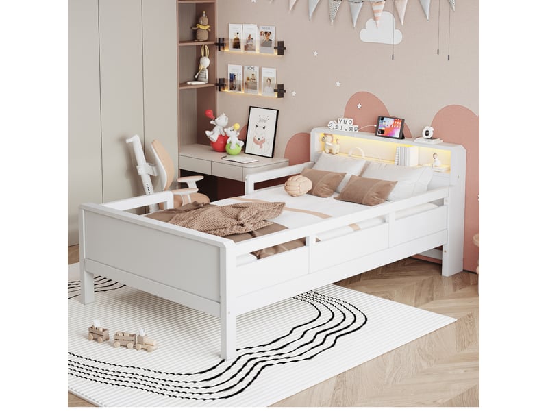  Lit enfant modenvie 90 x 200 cm avec tête de lit de rangement led usb et usb-c bois de pin blanc  - Conforama E