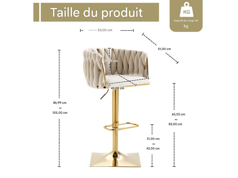  Tabouret de bar pivotant et réglable en hauteur assise ivoire pieds dorés W2845P201405 - Conforama C