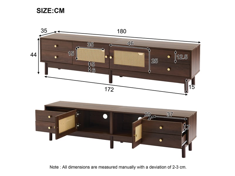  Meuble tv 180x35x44 cm marron en panneaux de particules, 4 tiroirs, portes en rotin et gestion des câbles  - Conforama C