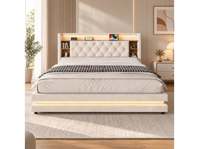  Lit coffre rembourré 180 x 200 cm, rangement hydraulique, tête de lit avec étagères, led, 2 usbtype-c, sommier à lattes, velours, beige Seren Glow - Conforama D