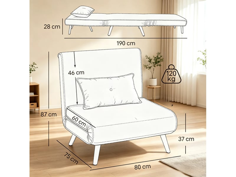  Fauteuil convertible 1 place 80 x 190 cm – vert – clic-clac 3-en-1 avec dossier réglable et coussin inclus  - Conforama C
