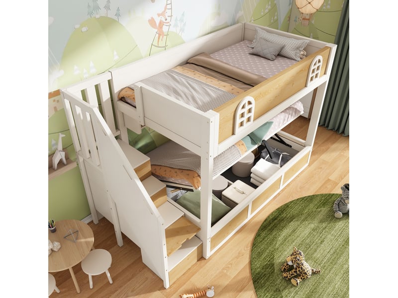  Lit superposé enfant 2 couchages 90x200 cm avec escalier de rangement, blanc et naturel  - Conforama B