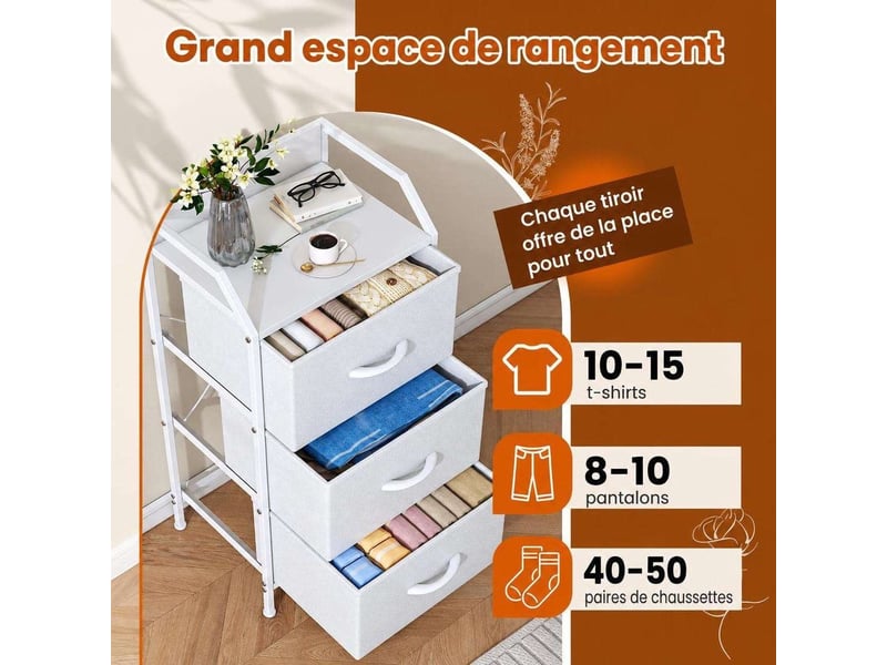  Table de chevet 40x30x78 cm trois tiroirs tissu blanc et metal moderne chambre  - Conforama D