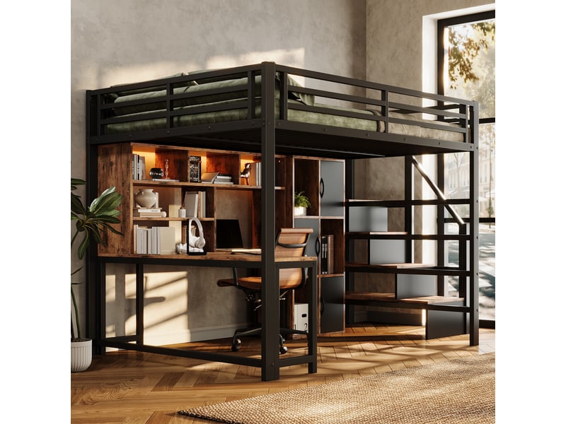  Lit mezzanine 140 x 200 cm avec bureau, led et escalier avec rangement, lit double en métal avec étagères et placards intégrés - noir  - Conforama B