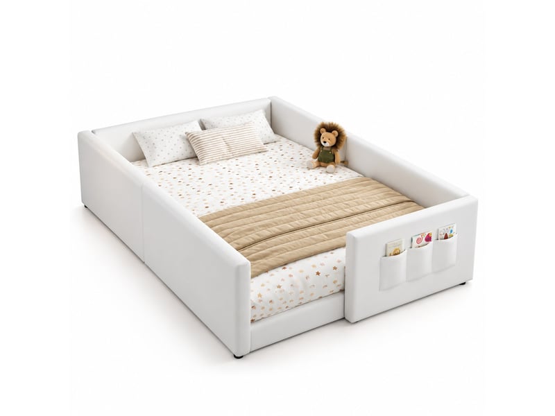  Lit enfant rembourré 140 x 200 cm avec sommier à lattes, côtés matelassés, lit d'appoint pour chambre, blanc  - Conforama A