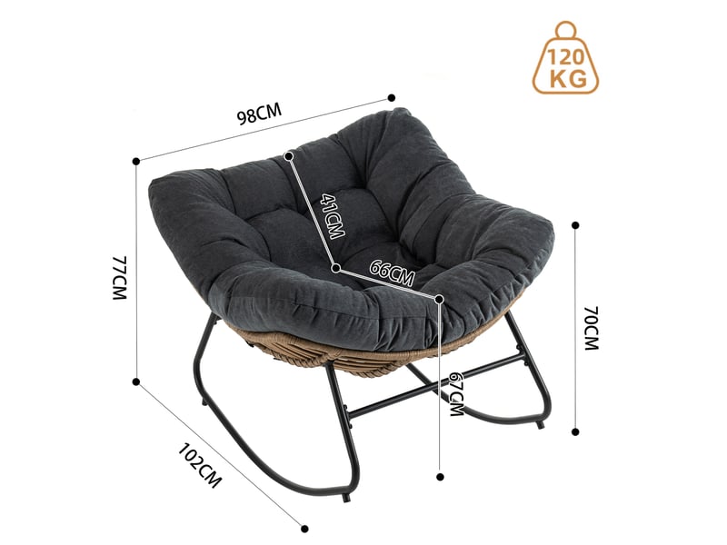  Fauteuil papasan à bascule avec structure métallique pour intérieur et extérieur en chenille noire, 96×58×31 cm  - Conforama D