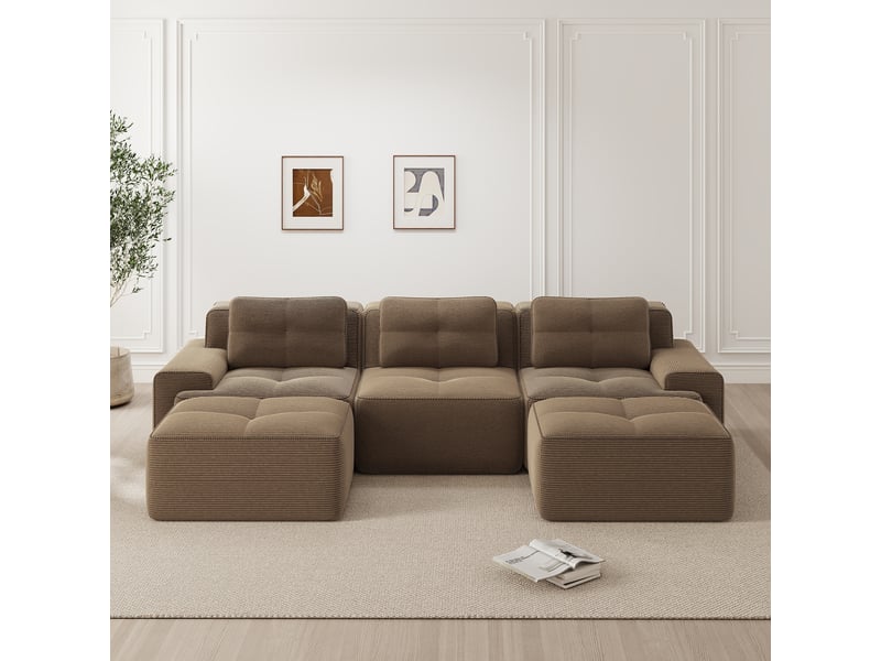 Canapé d'angle, canapé modulable : forme u, 3 places, marron, style cloud, sans cadre, sans montage, en velours tricoté, avec pouf - Conforama R