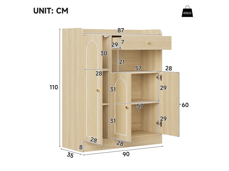  Meuble à chaussures cannage rotin - 90x35x110cm - buffet d'entrée 3 portes et 1 tiroir - bois  - Conforama E