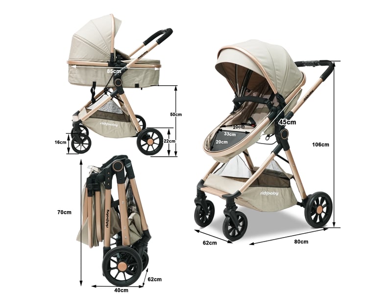  Poussette 2 en 1 80x62x106 cm réversible coloris crème abricot  - Conforama D
