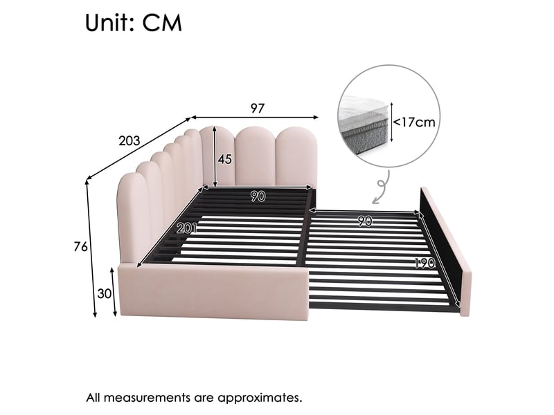  Lit gigogne rembourré 90x200 cm avec lit d'appoint 90x190 cm, banquette-lit enfant avec sommiers à lattes et roulettes, sans matelas, velours, beige OPULERANE TRADING LTD - Conforama C