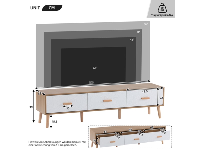  Meuble tv avec 3 tiroirs de rangement pour salon 150×39×35 cm en panneaux de particules blanc et bois clair  - Conforama D