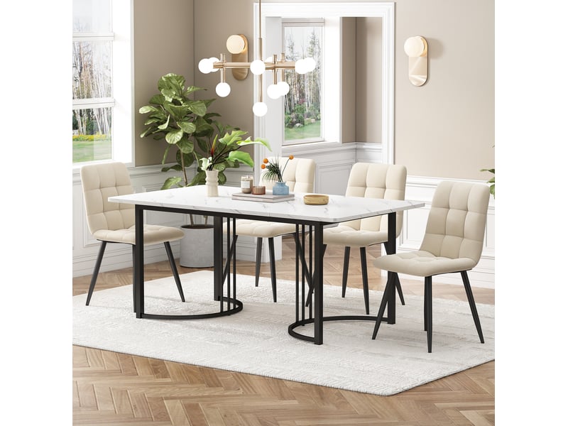  Ensemble table et 4 chaises 140x80x75 cm effet marbre blanc et beige  - Conforama B