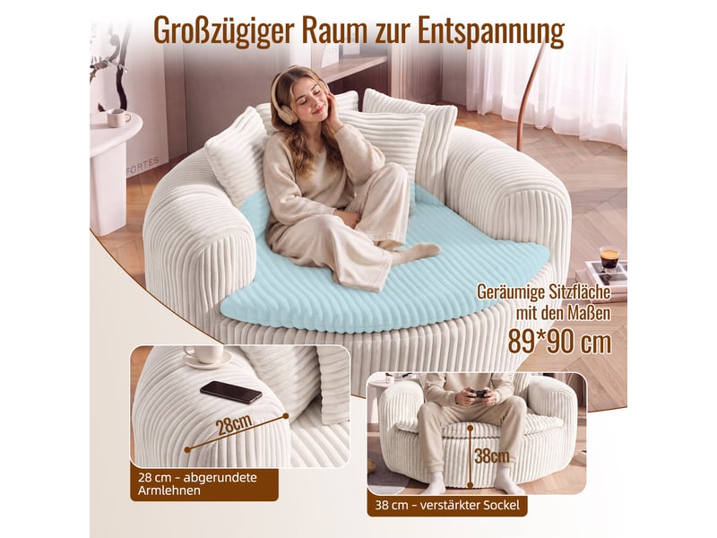 Fauteuil lounge 1 places en velours côtelé beige, assise profonde 89×90 cm, 5 coussins, sans montage, design arrondi - Conforama E