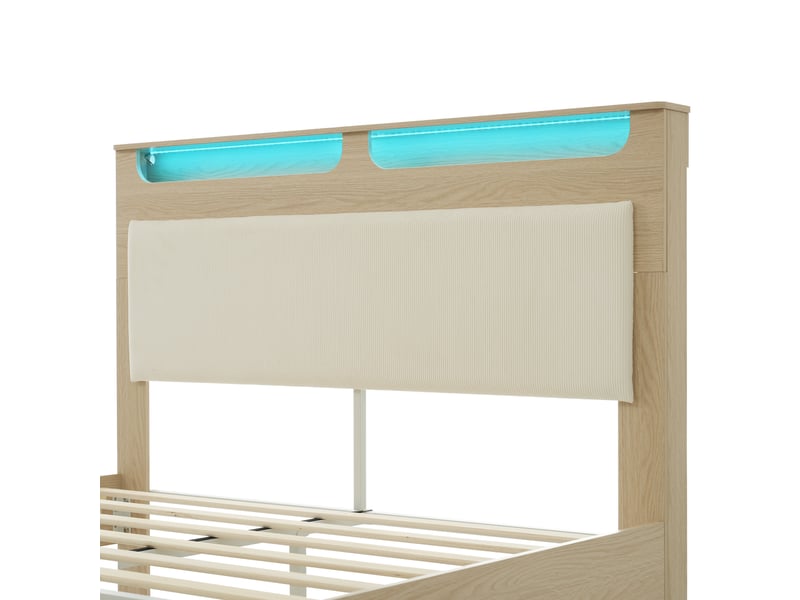 Lit double 180x200 cm en bois de chêne clair avec tête de lit de rangement, led et dossier en tissu beige - Conforama C