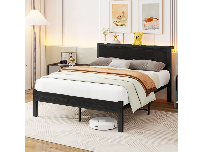  Lit simple 120 × 200 cm avec tête de lit à rangement, sans matelas, en mdf et métal, noir  - Conforama B