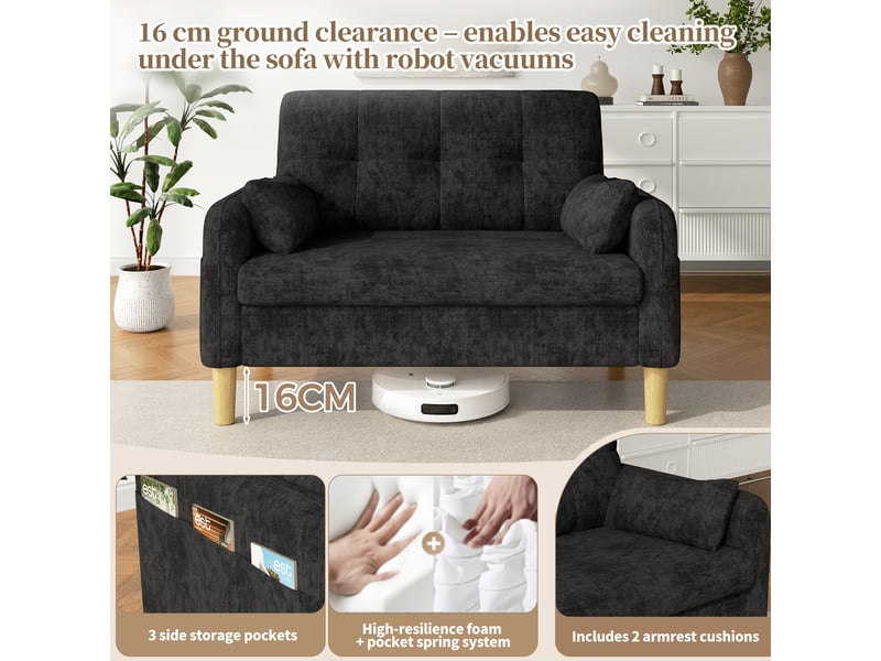  Canapé 2 places 119x78x85cm, assise épaisse, 2 coussins et poche de rangement, chenille gris ABC - Conforama D