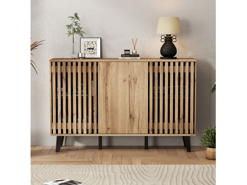  Meuble tv rangement 180 cm bois naturel portes niches salon chambre multi homvra  - Conforama C