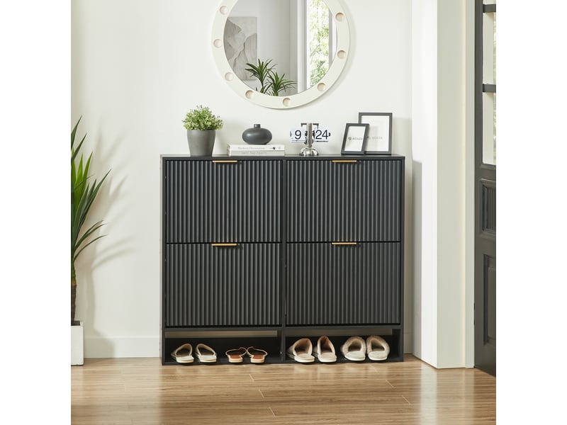  Meuble à chaussures étroit avec portes basculantes, 120 x 24 x 102 cm, mdf noir, façade rainurée  - Conforama E