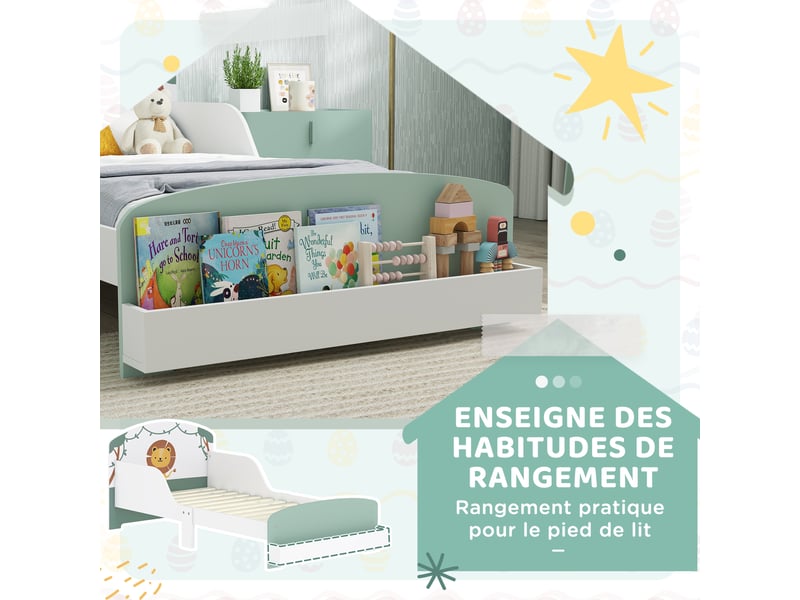  Lit enfant 70 x 140 cm, lit pour enfant avec barriere de securite et sommier à lattes, espace de rangement, vert  - Conforama R