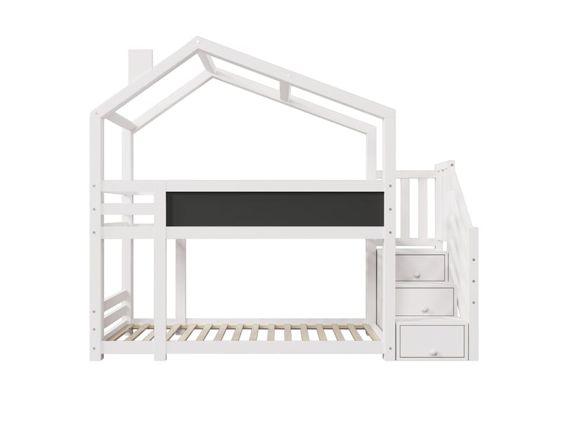  Lit superposé enfant 90x200 - lit cabane - tableau noir 154x20 cm - escalier rangement - 3 coffres - cheminée - 2 sommiers - blanc  - Conforama A