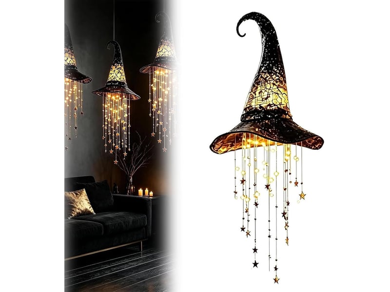  1 pièce décoration halloween suspendue, chapeau de sorcière lumineux led pour porche, entrée, fenêtre, terrasse et jardin  - Conforama A