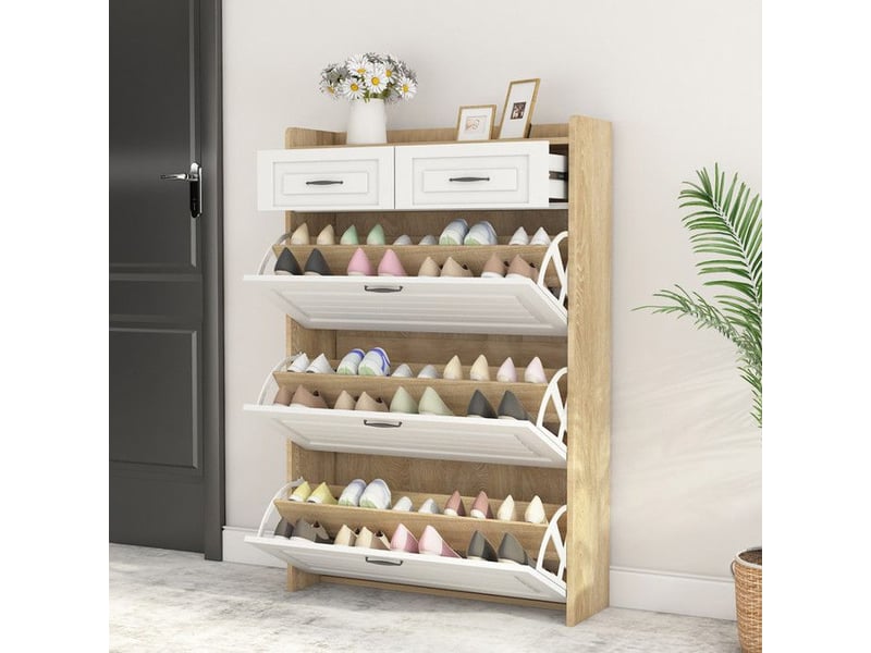  Armoire à chaussures - commode pivotante - 3 volets - 2 tiroirs - naturel et blanc 80x23.5x131cm - Conforama D