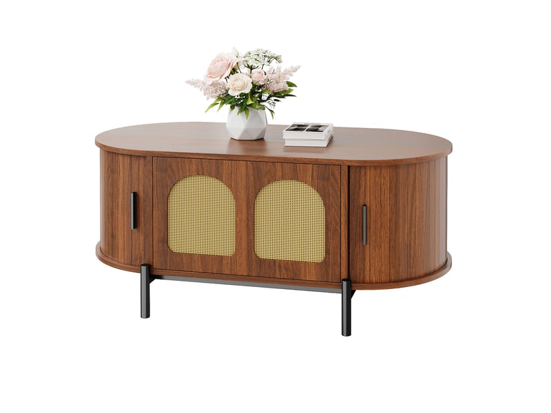  Table basse ovale en rotin, portes coulissantes, aspect bois, pieds en métal, table de salon multifonctionnelle avec espace de rangement  - Conforama A