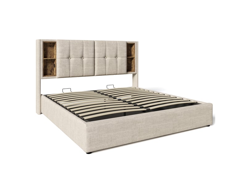 Lit coffre adulte 160x200 cm – naturel – rangement, chargeur sans fil, usb-c et matelas 7 zones inclus - Conforama D