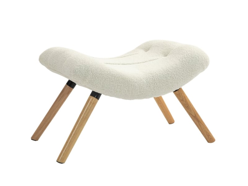  Repose-pied pouf rembourré avec assise incurvée et pieds en bois de hêtre, en tissu bouclette crème 67 × 45 × 38 cm  - Conforama A